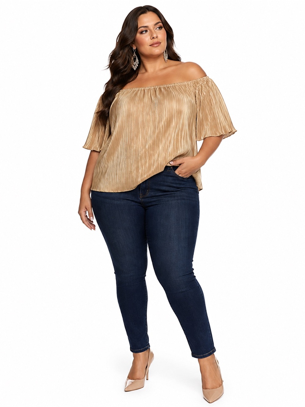 Just Be 1X Gold Metallic Pleated Off Shoulder Flutter Sleeve Party Blouse Ribbed